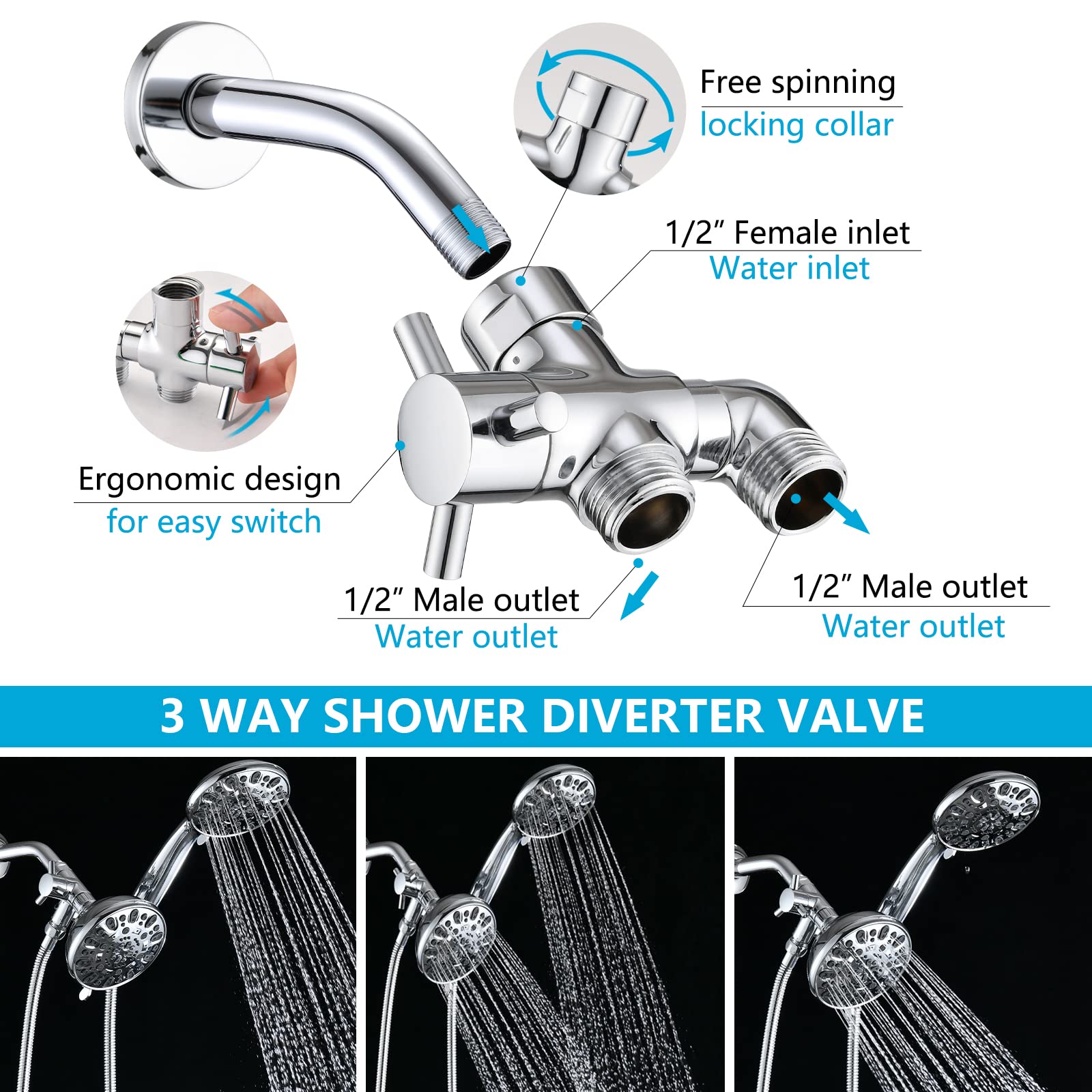 PDPBath Brass 3 Way Shower Arm Diverter Valve for Handheld Shower Head and Fixed Shower Head, G1/2 Universal Connection - Chrome