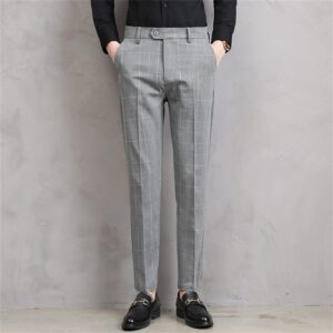 Men's Plaid Business Comfort Pant Casual Straight Fit Tapered Suit Pant Classic Lightweight Loose Fit Trousers (Light Grey,33)