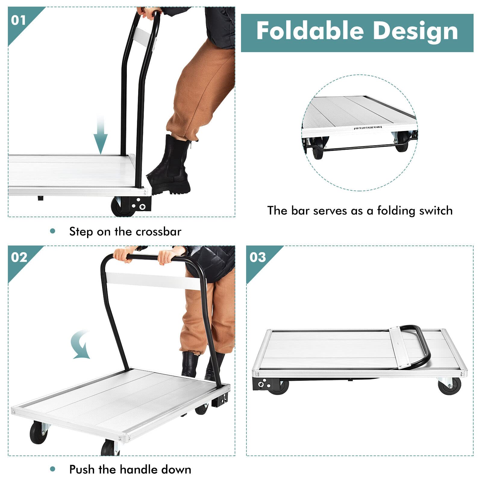 Premium Aluminum Alloy Folding Platform Truck 770 LBS Push Cart Dolly with 4 TPR Wheels, Carrying Cargo, Large Boxes