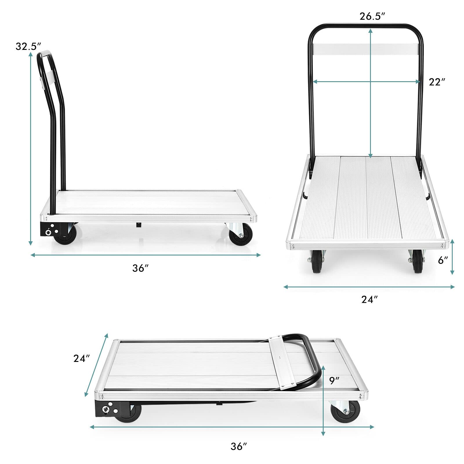 Premium Aluminum Alloy Folding Platform Truck 770 LBS Push Cart Dolly with 4 TPR Wheels, Carrying Cargo, Large Boxes