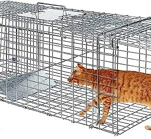 Large Animal Trap Cat Trap for Stray Cats Humane,Small Dogs,Fox,Rabbit,Groundhog,Squirrel,Raccoon,Chicken,Opossum, 32inch Live Traps for Animals Outdoor Indoor Collapsible Steel Release Cat Trap Cage