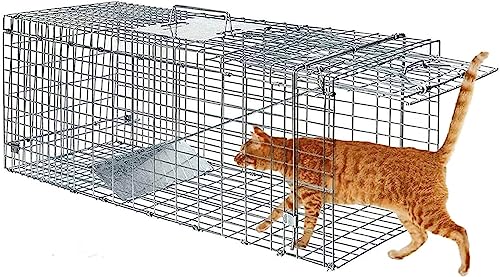 Large Animal Trap Cat Trap for Stray Cats Humane,Small Dogs,Fox,Rabbit,Groundhog,Squirrel,Raccoon,Chicken,Opossum, 32inch Live Traps for Animals Outdoor Indoor Collapsible Steel Release Cat Trap Cage