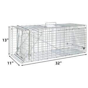 Large Animal Trap Cat Trap for Stray Cats Humane,Small Dogs,Fox,Rabbit,Groundhog,Squirrel,Raccoon,Chicken,Opossum, 32inch Live Traps for Animals Outdoor Indoor Collapsible Steel Release Cat Trap Cage