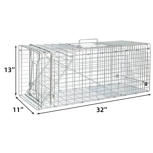 Large Animal Trap Cat Trap for Stray Cats Humane,Small Dogs,Fox,Rabbit,Groundhog,Squirrel,Raccoon,Chicken,Opossum, 32inch Live Traps for Animals Outdoor Indoor Collapsible Steel Release Cat Trap Cage