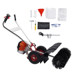52cc handheld snow sweeper brush broom, gas power folding outdoor driveway turf grass snow cleaning tool walkway cleaner for leaves, snow, and gravel