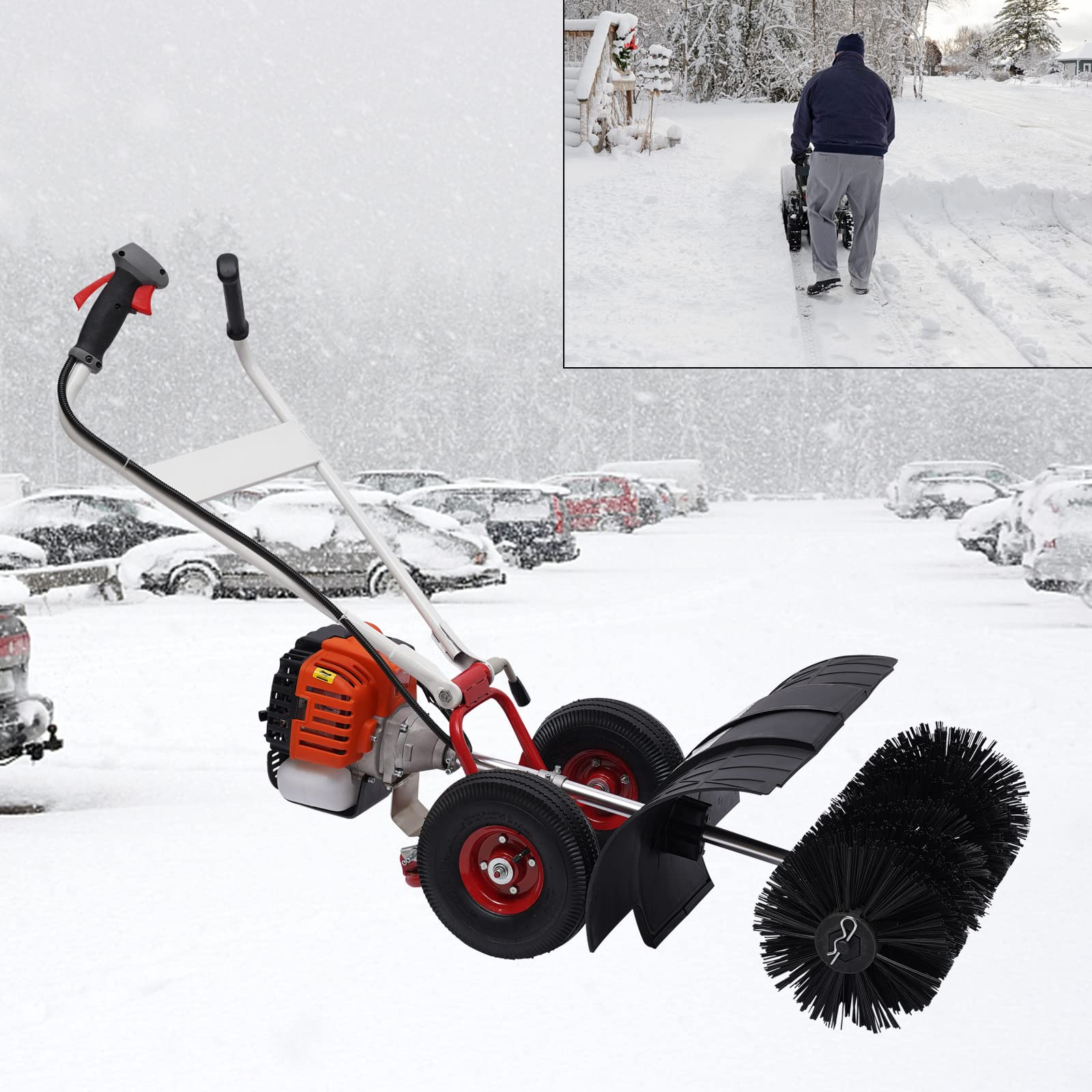 52cc Handheld Snow Sweeper Brush Broom, Gas Power Folding Outdoor Driveway Turf Grass Snow Cleaning Tool Walkway Cleaner for Leaves, Snow, and Gravel