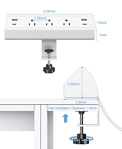 Jgstkcity Desk Clamp Power Strip USB C,65W Fast Charging Station,PD 45W & 20W USB C Charger,Desk Edge Mount Power Strip 4 USB Ports 3 Widely Spaced Outlets Surge Protector,6ft Flat Plug