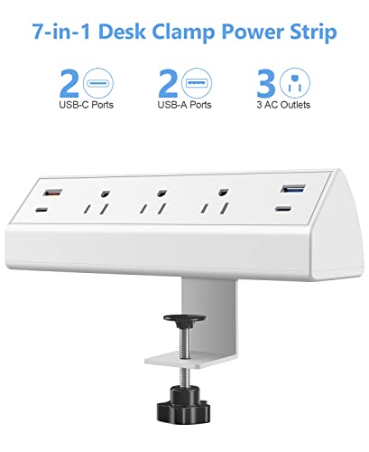 Jgstkcity Desk Clamp Power Strip USB C,65W Fast Charging Station,PD 45W & 20W USB C Charger,Desk Edge Mount Power Strip 4 USB Ports 3 Widely Spaced Outlets Surge Protector,6ft Flat Plug