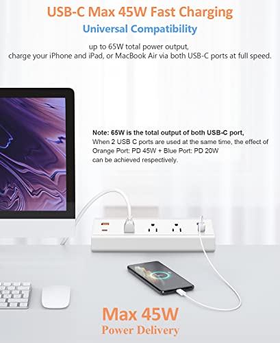 Jgstkcity Desk Clamp Power Strip USB C,65W Fast Charging Station,PD 45W & 20W USB C Charger,Desk Edge Mount Power Strip 4 USB Ports 3 Widely Spaced Outlets Surge Protector,6ft Flat Plug