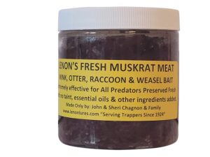 lenon's fresh muskrat meat bait for weasel, mink, otter and raccoon (8 oz jar)
