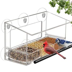 dy-skty clear window bird feeder with 6 strong suction cups and detachable seed tray for outside, large transparent acrylic wild birds house cat kids and elderly viewing bird feeder for window perch