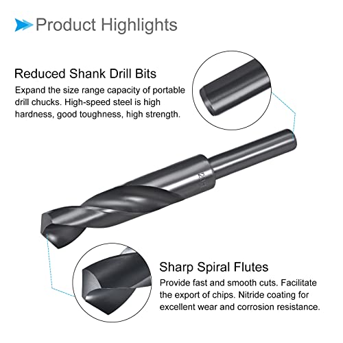 CoCud Reduced Shank Drill Bit, 20mm Cutting Edge 1/2" Shank, Nitride Coated High Speed Steel 6542 Twist Drill Bits - (Applications: for Stainless Steel Metal Wood)