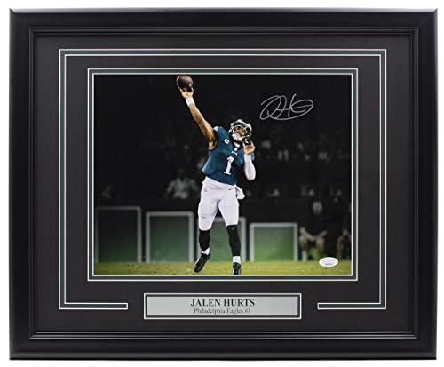 Jalen Hurts Signed Framed Philadelphia Eagles 11x14 Football Passing Photo JSA - Autographed NFL Photos