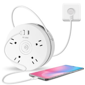 happlee retractable surge protector power strip 4 widely outlets 2 fast charging usb ports (usb c usb a) pd 20w with retractable extension cord, wall mount travel power strip for home office travel