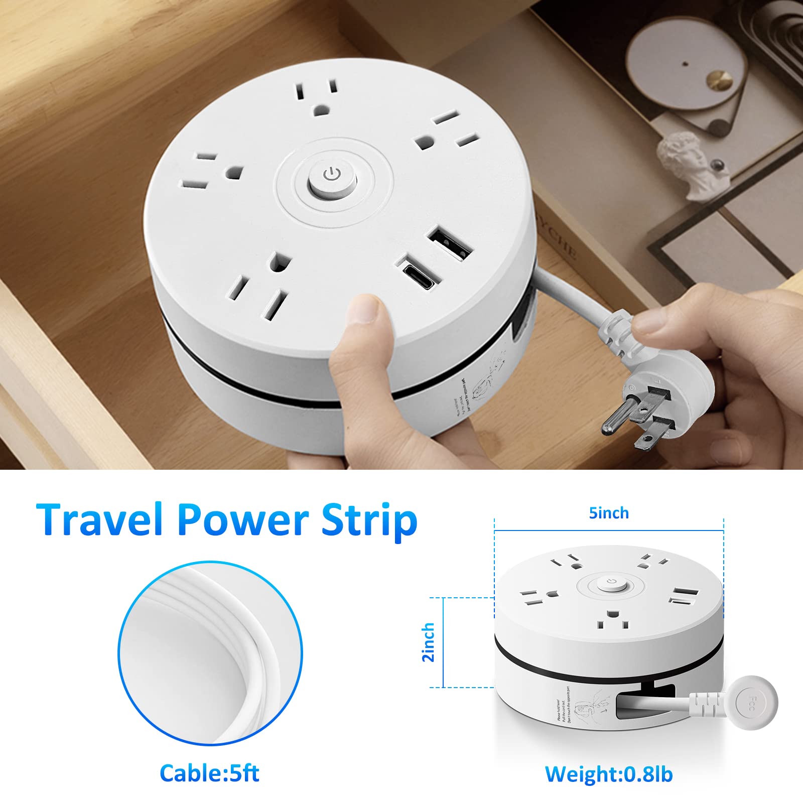 Happlee Retractable Surge Protector Power Strip 4 Widely Outlets 2 Fast Charging USB Ports (USB C USB A) PD 20W with Retractable Extension Cord, Wall Mount Travel Power Strip for Home Office Travel