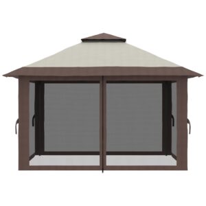 Outsunny 13' x 13' Pop Up Gazebo with Netting, Instant Canopy Tent Shelter with 2-Tier Roof, Wheeled Carry Bag, Water/Sand Bags for Outdoor, Garden, Parties, Beige