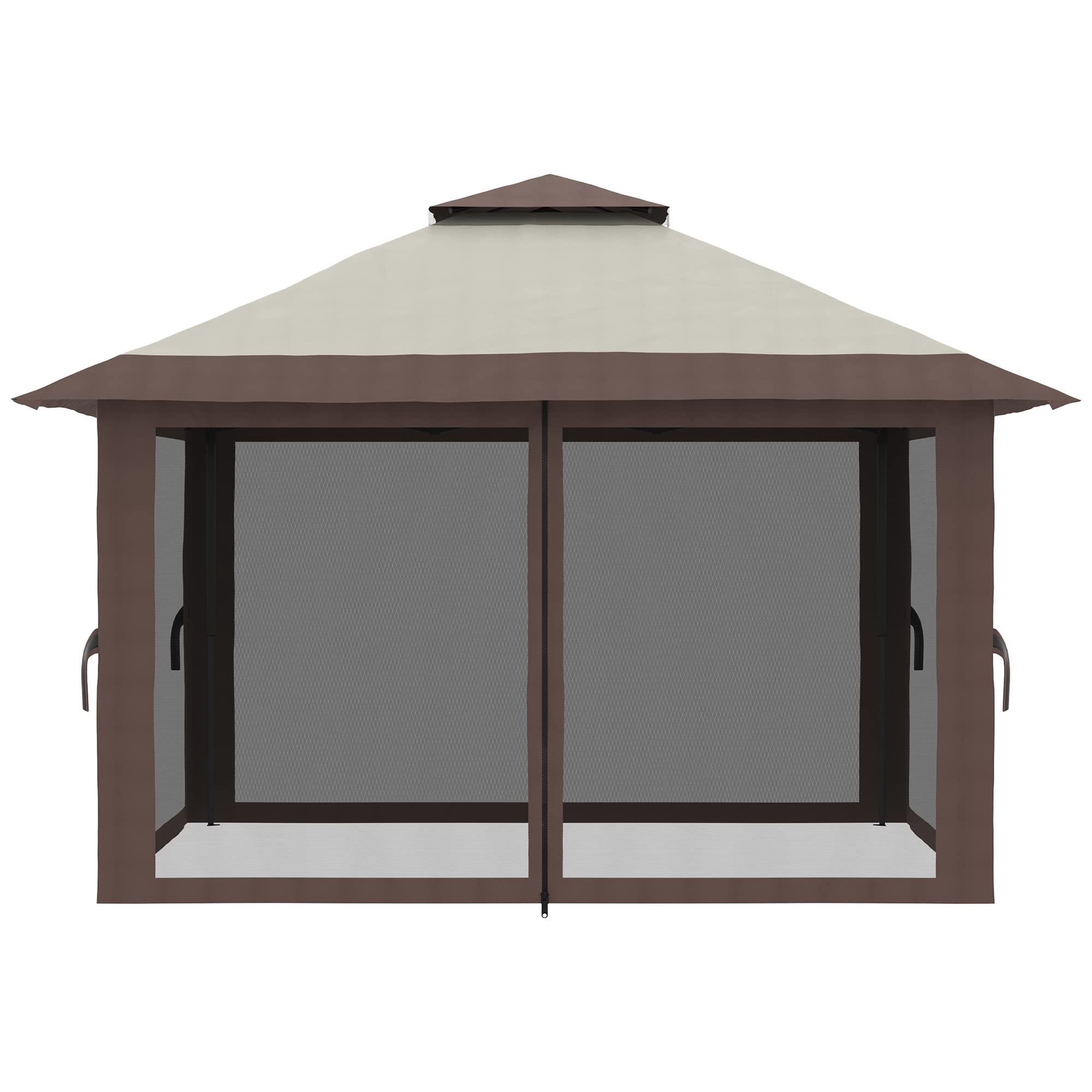 Outsunny 13' x 13' Pop Up Gazebo with Netting, Instant Canopy Tent Shelter with 2-Tier Roof, Wheeled Carry Bag, Water/Sand Bags for Outdoor, Garden, Parties, Beige