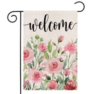 ekorest spring garden flag 12x18 inch double sided,welcome watercolor roses small yard flag for outdoor, summer seasonal decors for anniversary wedding farmhouse holiday outside