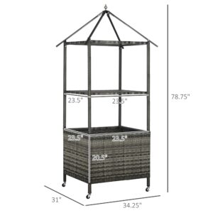 Outsunny Outdoor Towel Valet Caddy, Covered Poolside Towel Holder Rack, Shelf, Basket, Rolling PE Rattan Wicker Storage on Wheels, Gray