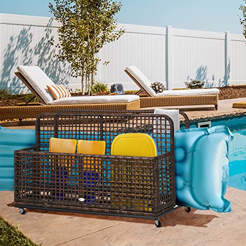 Outsunny Patio Wicker Pool Float Storage with Wheels, Outdoor Rolling PE Rattan Pool Caddy, Includes Compartment and Basket, for Pool, Garden, Deck, Mixed Brown