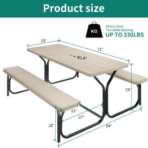 YITAHOME Picnic Table 6ft Heavy Duty Outdoor Picnic Table and Bench Resin Tabletop & Stable Steel Frame w/Umbrella Hole for Yard Patio Lawn Party Light Brown