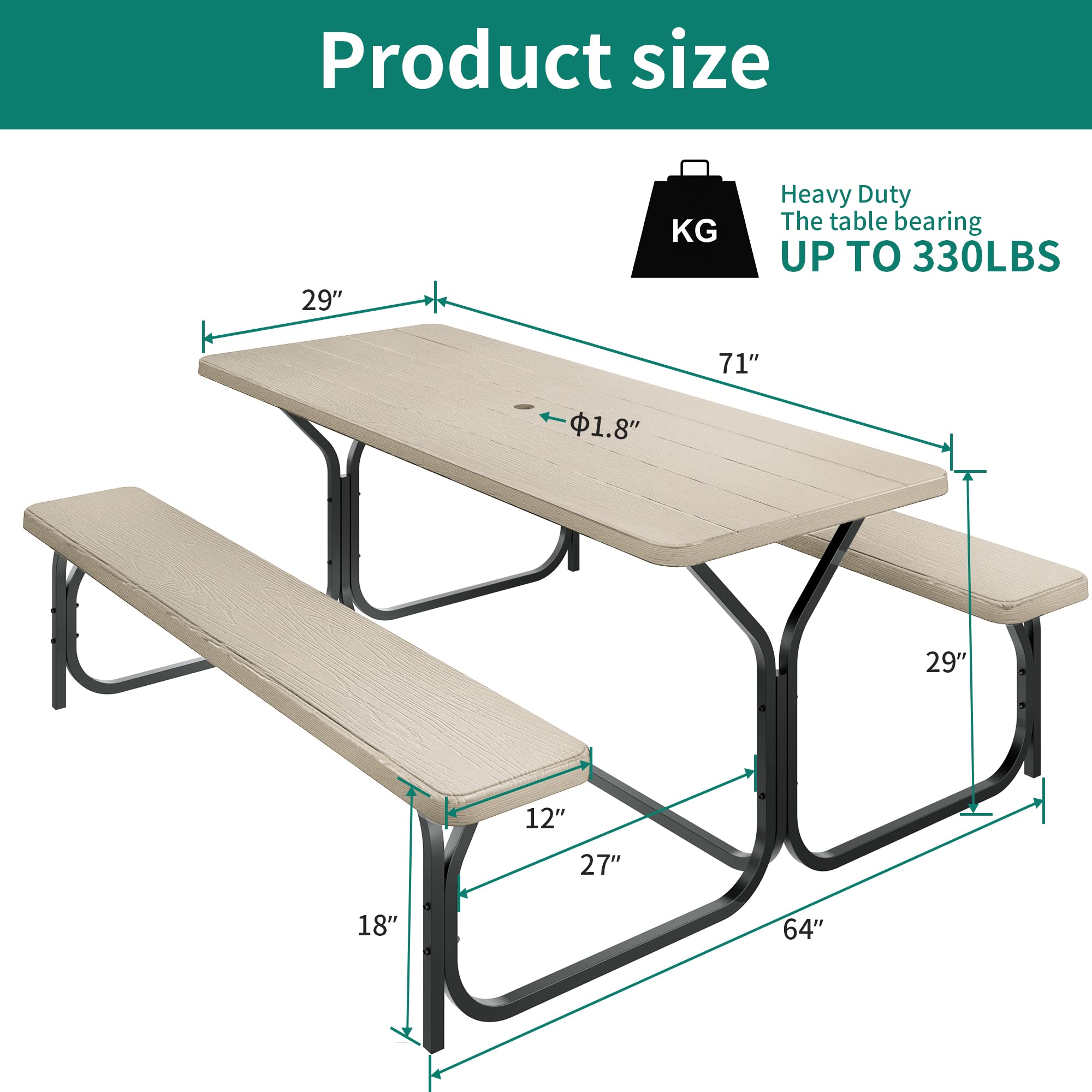 YITAHOME Picnic Table 6ft Heavy Duty Outdoor Picnic Table and Bench Resin Tabletop & Stable Steel Frame w/Umbrella Hole for Yard Patio Lawn Party Light Brown