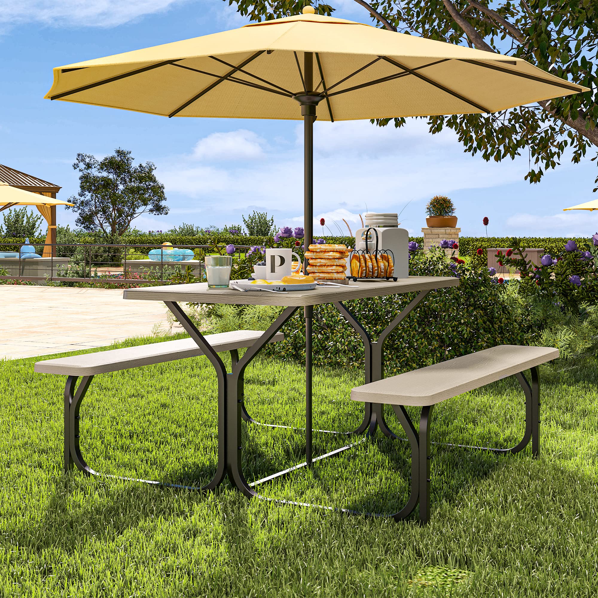 YITAHOME Picnic Table 6ft Heavy Duty Outdoor Picnic Table and Bench Resin Tabletop & Stable Steel Frame w/Umbrella Hole for Yard Patio Lawn Party Light Brown