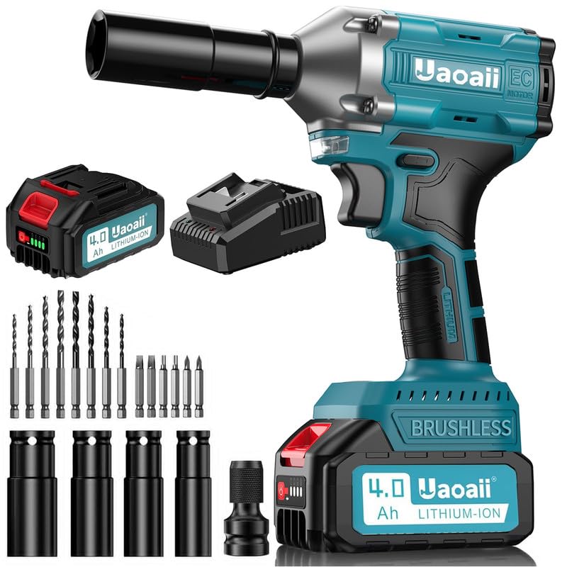 Uaoaii Cordless Impact Wrench Compact Size, 1/2 Power Impact Gun Brushless 420 ft-lbs (550N.m) w/ 4.0A Li-ion Battery, Fast Charger, Sockets, Drill & Screw Bits, 3 in 1 Multi-Function