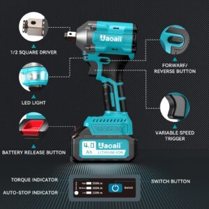 Uaoaii Cordless Impact Wrench Compact Size, 1/2 Power Impact Gun Brushless 420 ft-lbs (550N.m) w/ 4.0A Li-ion Battery, Fast Charger, Sockets, Drill & Screw Bits, 3 in 1 Multi-Function