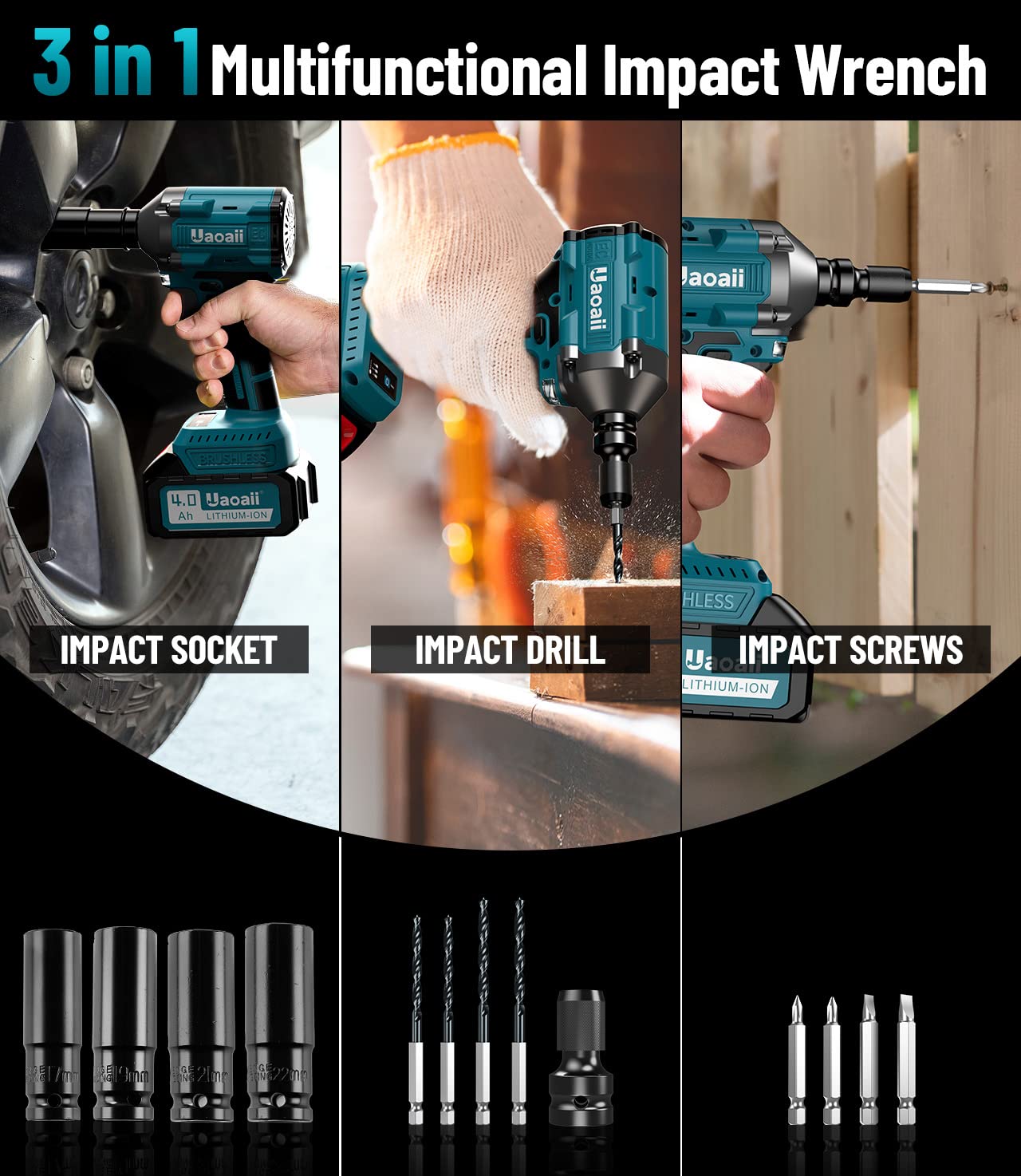 Uaoaii Cordless Impact Wrench Compact Size, 1/2 Power Impact Gun Brushless 420 ft-lbs (550N.m) w/ 4.0A Li-ion Battery, Fast Charger, Sockets, Drill & Screw Bits, 3 in 1 Multi-Function