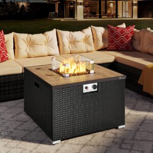 YITAHOME 32 Inch Outdoor Low Propane Fire Table, 40,000 BTU Gas Fire Pit, Square Ceramic Tile Firtable with Wood Grain, Brown Wicker Base, Weatherproof Cover & Lid for Patio (Fit Outside 20lbs Tank)