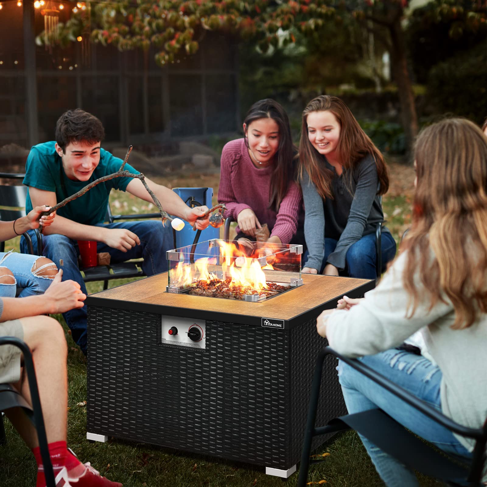 YITAHOME 32 Inch Outdoor Low Propane Fire Table, 40,000 BTU Gas Fire Pit, Square Ceramic Tile Firtable with Wood Grain, Brown Wicker Base, Weatherproof Cover & Lid for Patio (Fit Outside 20lbs Tank)