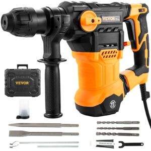 vevor 1-1/4 inch sds-plus rotary hammer drill, 13amp corded drills, heavy duty chipping hammers w/vibration control & safety clutch, electric demolition hammers variable speed-including 3 drill & case