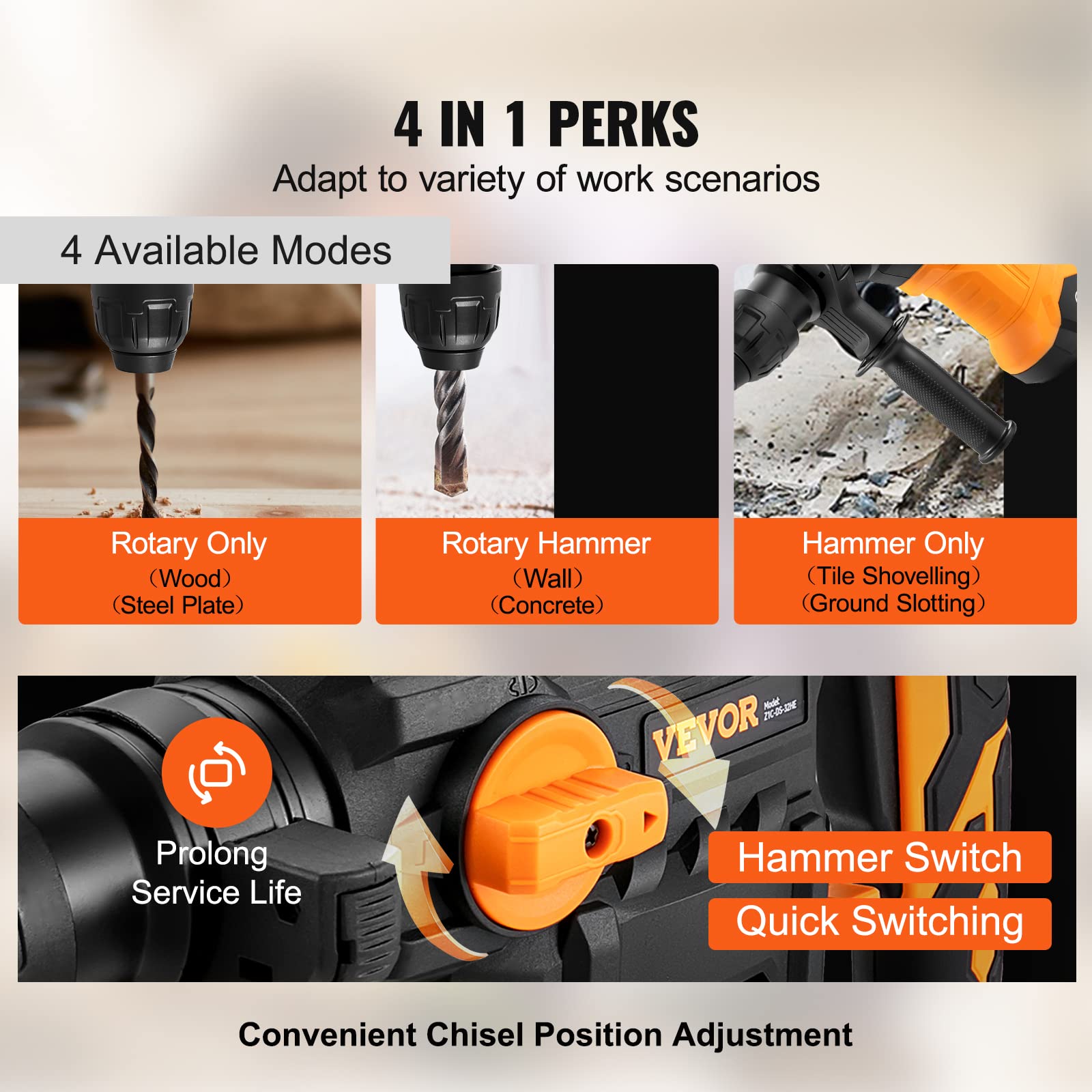 VEVOR 1-1/4 Inch SDS-Plus Rotary Hammer Drill, 13Amp Corded Drills, Heavy Duty Chipping Hammers w/Vibration Control & Safety Clutch, Electric Demolition Hammers Variable Speed-Including 3 Drill & Case