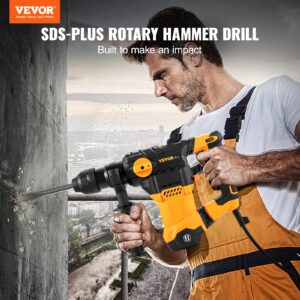 VEVOR 1-1/4 Inch SDS-Plus Rotary Hammer Drill, 13Amp Corded Drills, Heavy Duty Chipping Hammers w/Vibration Control & Safety Clutch, Electric Demolition Hammers Variable Speed-Including 3 Drill & Case