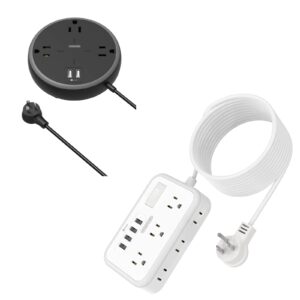 extension cord 10ft and 15 ft bundle,flat plug power strip with widely spaced outlets usb ports, wall mount power strip, long extension cord with multiple outlets for home, office