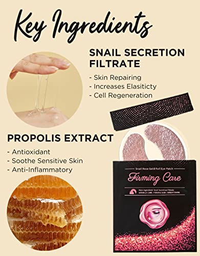 YURICOS Snail Rose Gold Foil Under Eye Mask Patch for Dark Circles and Puffiness 20 Pairs - Enriched - Rose Gold Mask for Diminishing Under Eye Wrinkles, Lines