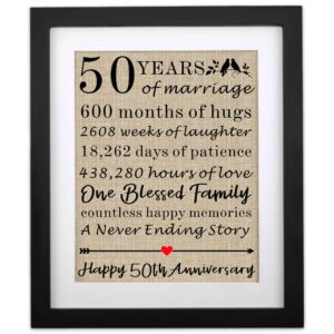 50 years anniversary gift for parents grandparents, 50th wedding anniversary burlap print for mom dad, golden 50 years of marriage gifts for grandpa, grandma - happy 50th anniversary decoration