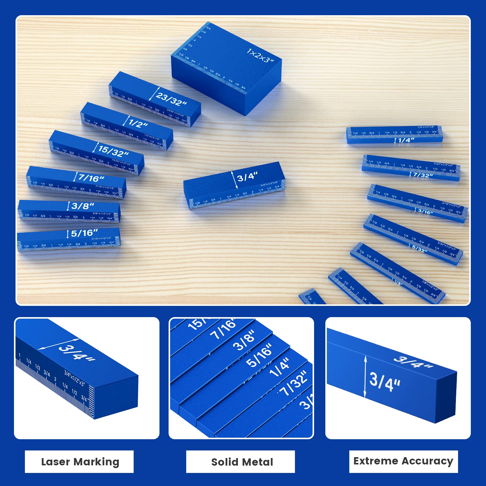 Neitra Setup Blocks Woodworking - 15 PCS Aluminum Height Gauge Blocks Set - Woodworking Measuring Tools Precision Setup Bars for Router Table Saw, Blue