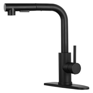 kzh matte black kitchen faucets with pull down sprayer, single handle kitchen sink faucet with pull out sprayer with deck plate for rv/bar sink/laundry/outdoor tap