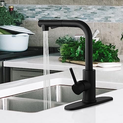 KZH Matte Black Kitchen Faucets with Pull Down Sprayer, Single Handle Kitchen Sink Faucet with Pull Out Sprayer with Deck Plate for Rv/Bar Sink/Laundry/Outdoor tap