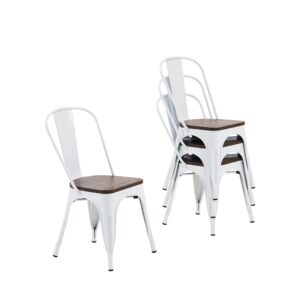 nazhura metal dining chair farmhouse tolix style for kitchen dining room café restaurant bistro patio, 18 inch, stackable, waterproof indoor/outdoor (sets of 4) (white with wood padding)