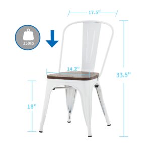 Nazhura Metal Dining Chair Farmhouse Tolix Style for Kitchen Dining Room Café Restaurant Bistro Patio, 18 Inch, Stackable, Waterproof Indoor/Outdoor (Sets of 4) (White with Wood Padding)