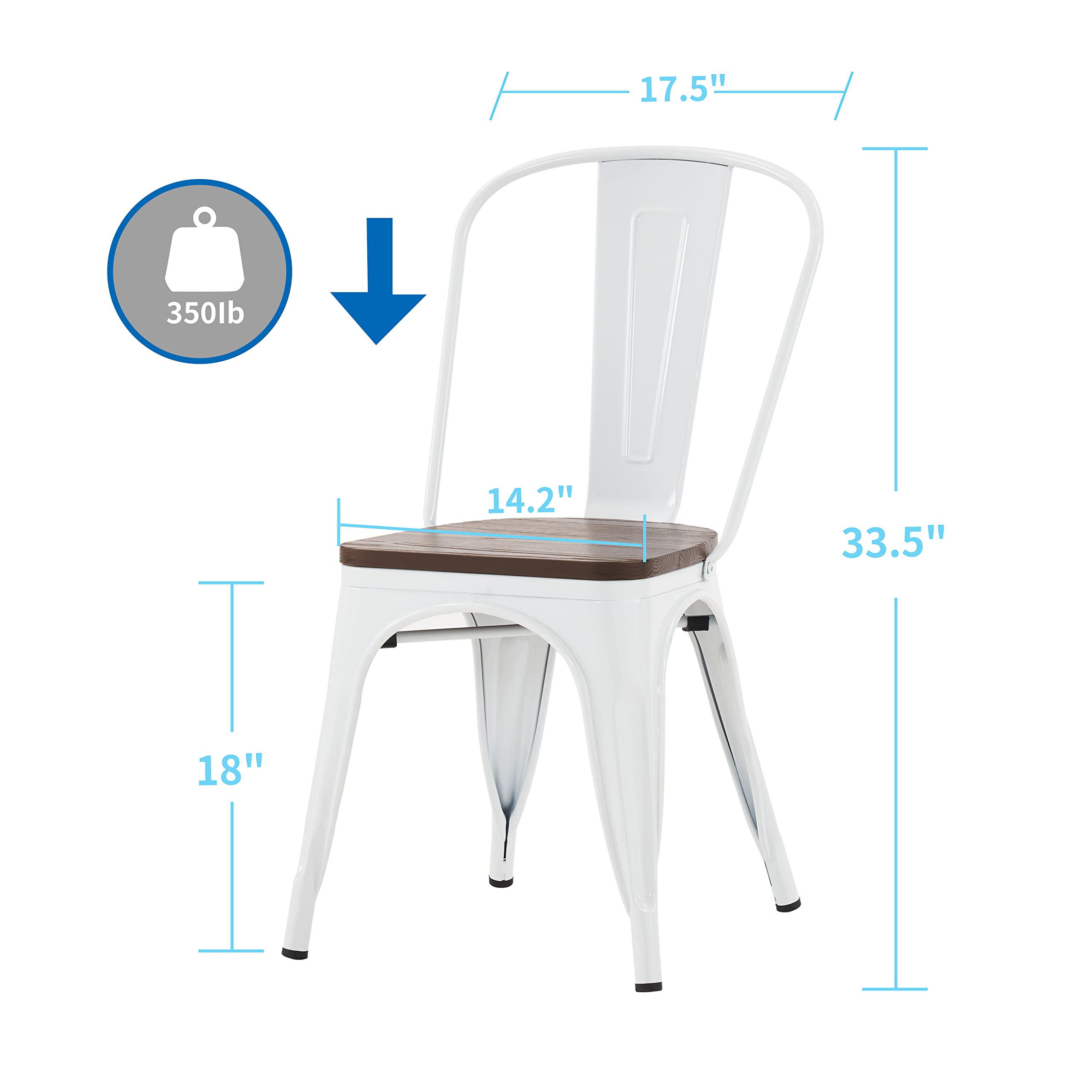 Nazhura Metal Dining Chair Farmhouse Tolix Style for Kitchen Dining Room Café Restaurant Bistro Patio, 18 Inch, Stackable, Waterproof Indoor/Outdoor (Sets of 4) (White with Wood Padding)