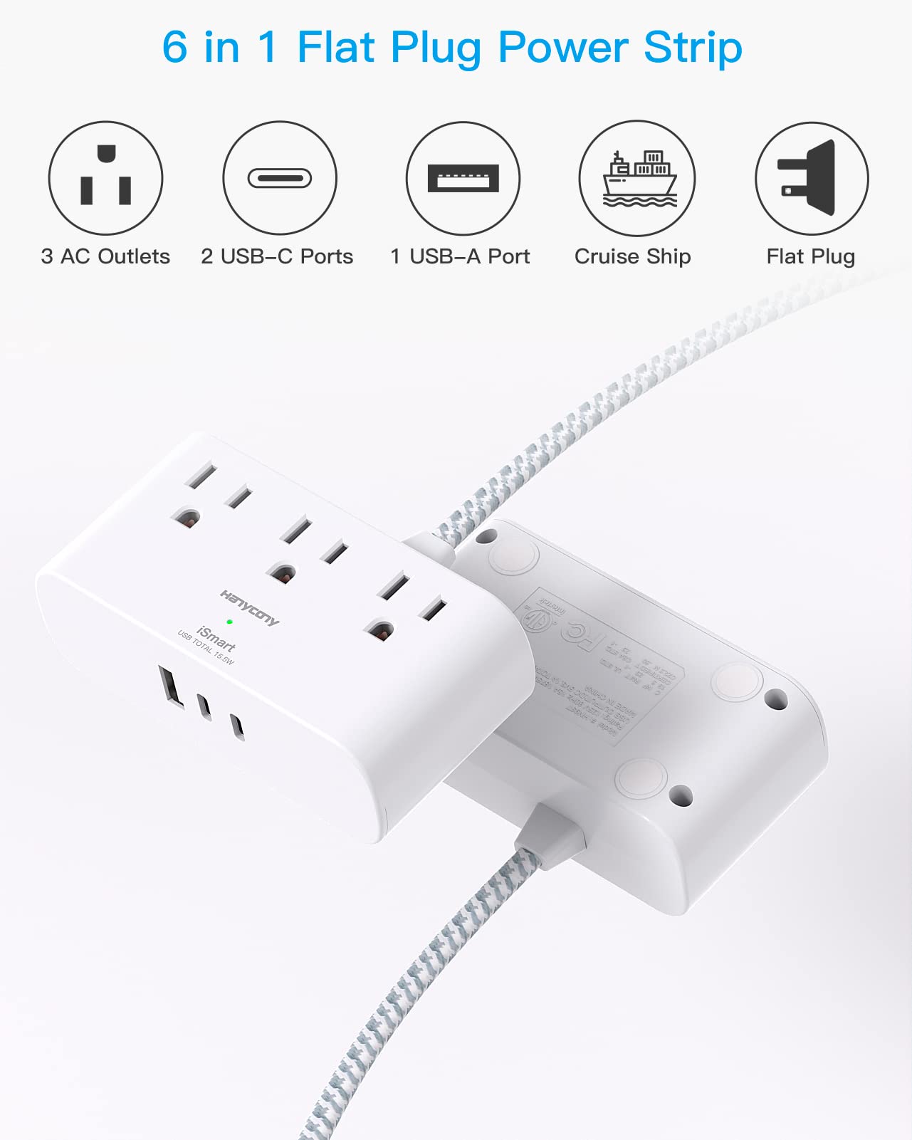 Black Power Strip Surge Protector and 6Ft Ultra Thin Flat Extension Cord