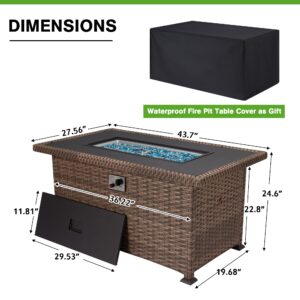 HOMREST 44in Propane Fire Pit Table 50,000 BTU Indoor Auto-Ignition Gas Firepit CSA Certification Rattan Base with Glass Wind Guard Waterproof Cover for Patio Garden (Dark Brown)