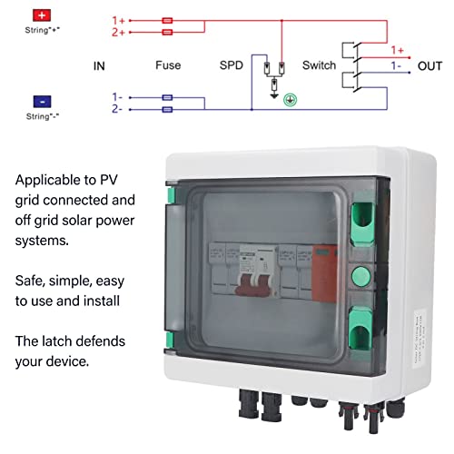 2 String PV Combiner Box with Arreste, IP65 Waterproof Solar Combiner Box with 32A Circuit Breaker, 15A Rated Current Solar Connector for Solar Panel System