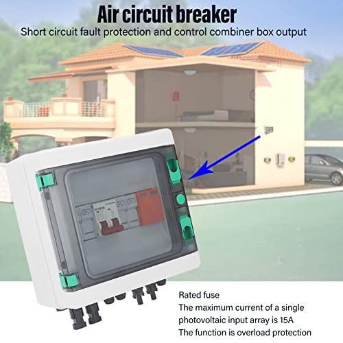 2 String PV Combiner Box with Arreste, IP65 Waterproof Solar Combiner Box with 32A Circuit Breaker, 15A Rated Current Solar Connector for Solar Panel System