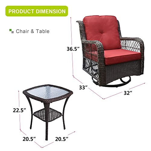 Outdoor Bistro Set 3 Pieces, Outdoor Resin Wicker Swivel Rocker Patio Chair, 360-Degree Swivel Rocking Chairs and Tempered Glass Top Side Coffee Table, Outdoor Rattan Conversation Sets (Red)