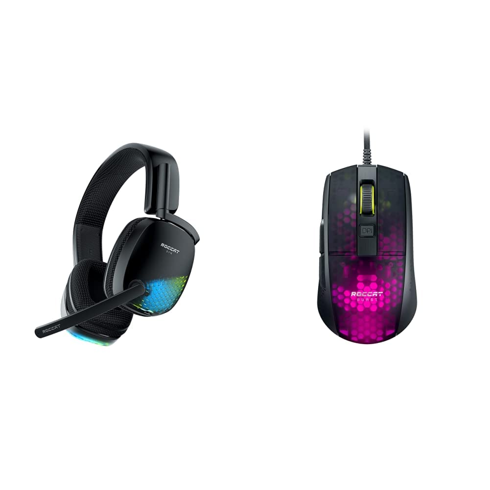 ROCCAT Syn Pro Air Wireless PC Gaming Headset, Black & Burst Pro PC Gaming Mouse, Optical Switches, Super Lightweight Ergonomic Wired Computer Mouse, RGB Lighting, Black